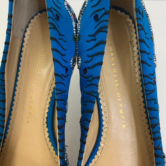 Charlotte Olympia Crouching Tiger Satin Loafer Women's Size 38  Blue - Picture 4 of 9